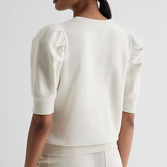 Express X-Small White Crew Neck Short Puff Sleeve Fleece Sweatshirt - Picture 4 of 5